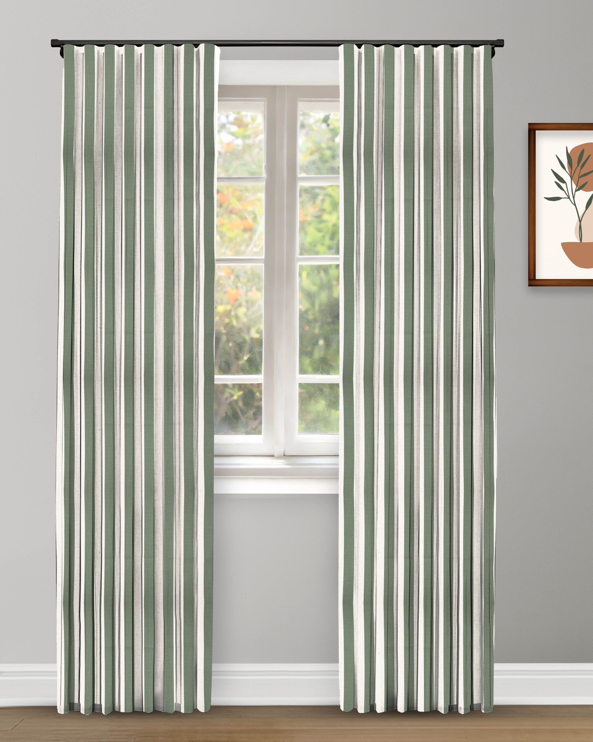 Vintage Linen Stripes - Khaki Green Ripple Fold Drapes